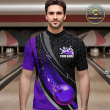 Load image into Gallery viewer, Black and Purple Bowling Camo Polo, 1/4 Zip Shirt for Men Custom Team Bowling jerseys, Bowler Outfit NQS10426