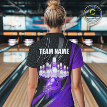 Load image into Gallery viewer, Black and Purple Bowling Camo Polo, 1/4 Zip Shirt for Women Custom Team Bowling jersey, Bowler Outfit NQS10426