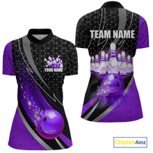 Load image into Gallery viewer, Black and Purple Bowling Camo Polo, 1/4 Zip Shirt for Women Custom Team Bowling jersey, Bowler Outfit NQS10426