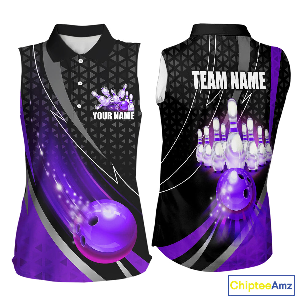 Black and Purple Bowling Camo Sleeveless polo Shirt Custom Team Bowling jerseys, Bowler Outfit NQS10426
