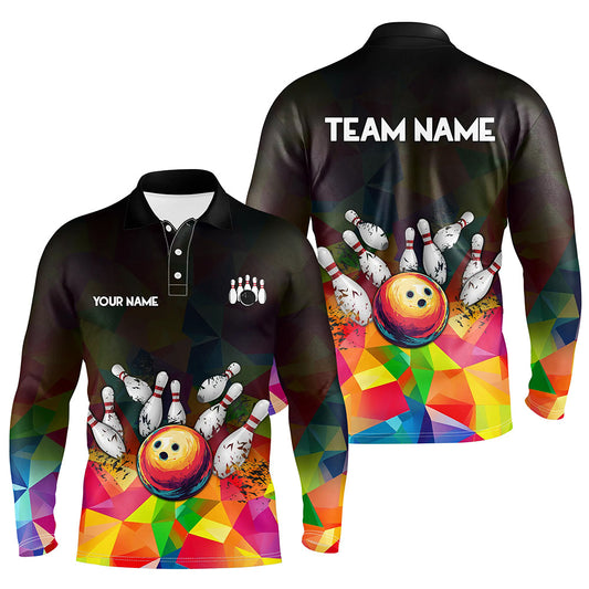 Colorful pattern and black Custom Bowling Polo, Quarter Zip Shirts For Men, Bowling Team Jerseys NQS9151
