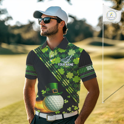 Black and Green shamrock argyle pattern Golf Polo Shirts For Men Custom St Patrick mens golf top NQS11238
