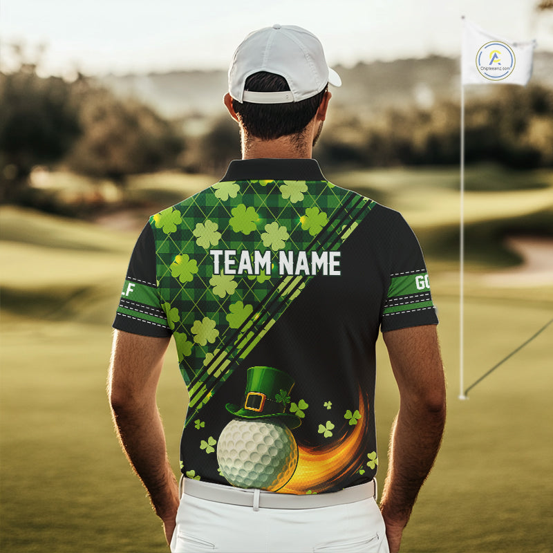 Black and Green shamrock argyle pattern Golf Polo Shirts For Men Custom St Patrick mens golf top NQS11238