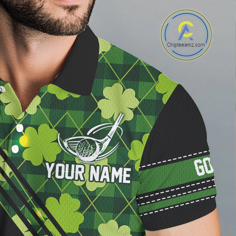 Black and Green shamrock argyle pattern Golf Polo Shirts For Men Custom St Patrick mens golf top NQS11238