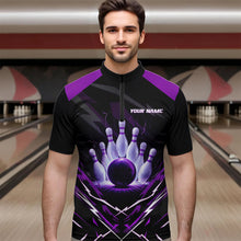 Load image into Gallery viewer, Black and Purple Lightning thunder Bowling Polo, Quarter Zip shirts for Men Custom Bowling Team Jersey NQS9358