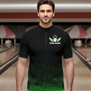 Black And Green Glitter Lucky Custom Bowling Team Shirt For Men, St Patrick Day Uniform Bowler Outfits NQS9364