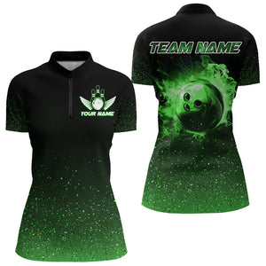 Black And Green Glitter Lucky Custom Bowling Team Shirt For Women, St Patrick Day Bowler Outfits NQS9364