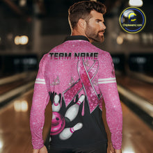 Load image into Gallery viewer, Black and Pink ribbon glitter Bowling Shirts For Men Custom breast cancer team bowling jerseys NQS9950