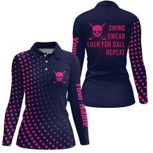 Load image into Gallery viewer, Funny Womens golf polo shirts custom swing swear look for ball repeat pink skull golf shirt | Navy NQS5714