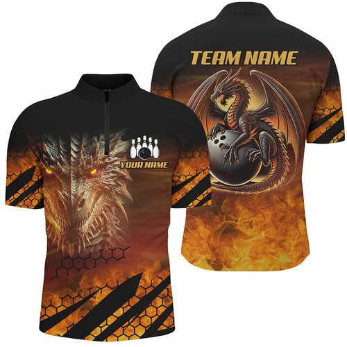 Black And Orange Custom Dragon Flame Bowling Shirts For Men, Dragon Fire Bowling Team Shirts NQS8234