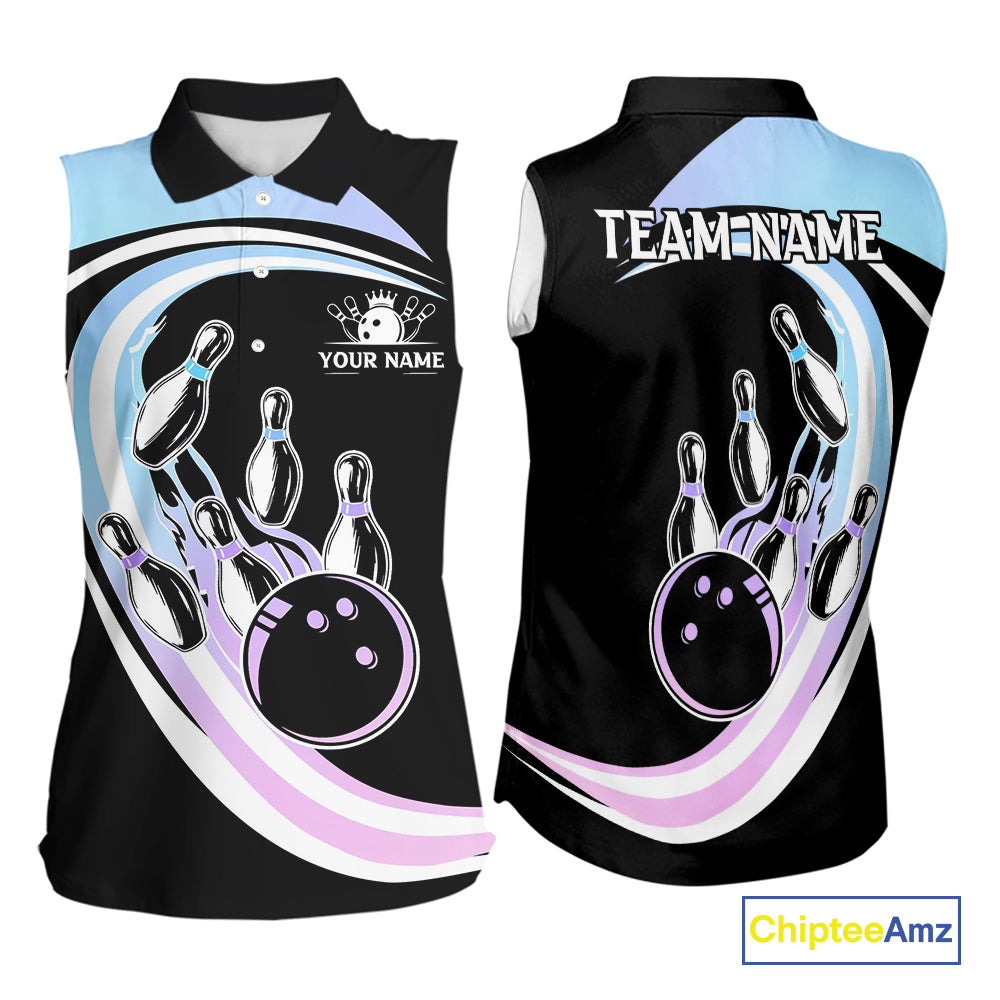 Blue Purple Gradient Bowling Sleeveless Polo Shirt Custom Bowling Team League Jersey, Gift For Bowler NQS10432