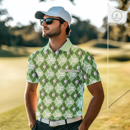 Mens golf polo shirts custom green argyle plaid pattern golf attire for men, golfer gifts NQS10435