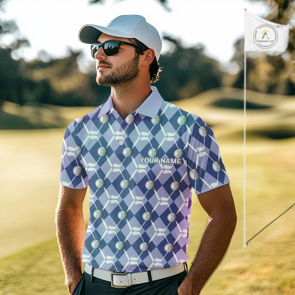 Mens golf polo shirts custom blue argyle plaid pattern golf attire for men, golfer gifts NQS10434