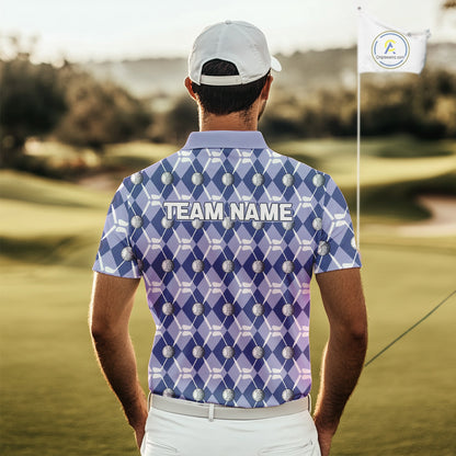 Mens golf polo shirts custom blue argyle plaid pattern golf attire for men, golfer gifts NQS10434