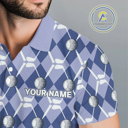 Mens golf polo shirts custom blue argyle plaid pattern golf attire for men, golfer gifts NQS10434