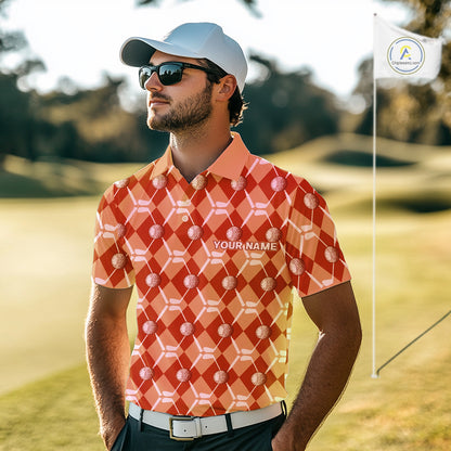 Mens golf polo shirts custom orange argyle plaid pattern golf attire for men, golfer gifts NQS10436