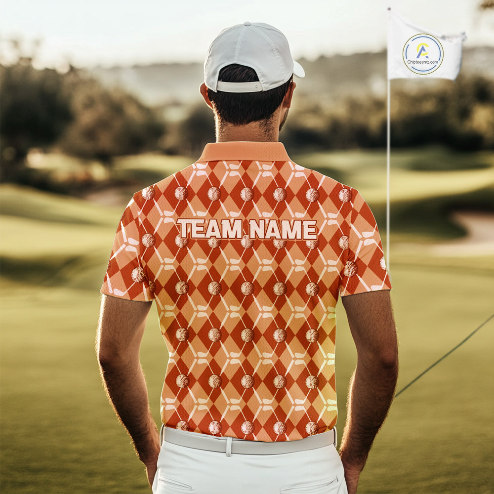 Mens golf polo shirts custom orange argyle plaid pattern golf attire for men, golfer gifts NQS10436