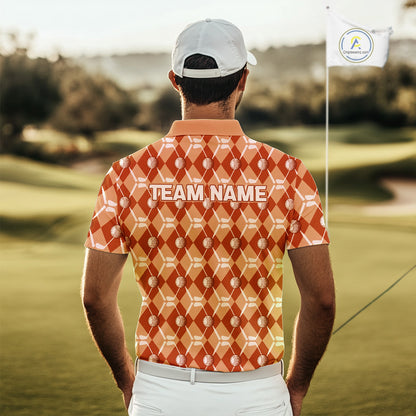 Mens golf polo shirts custom orange argyle plaid pattern golf attire for men, golfer gifts NQS10436