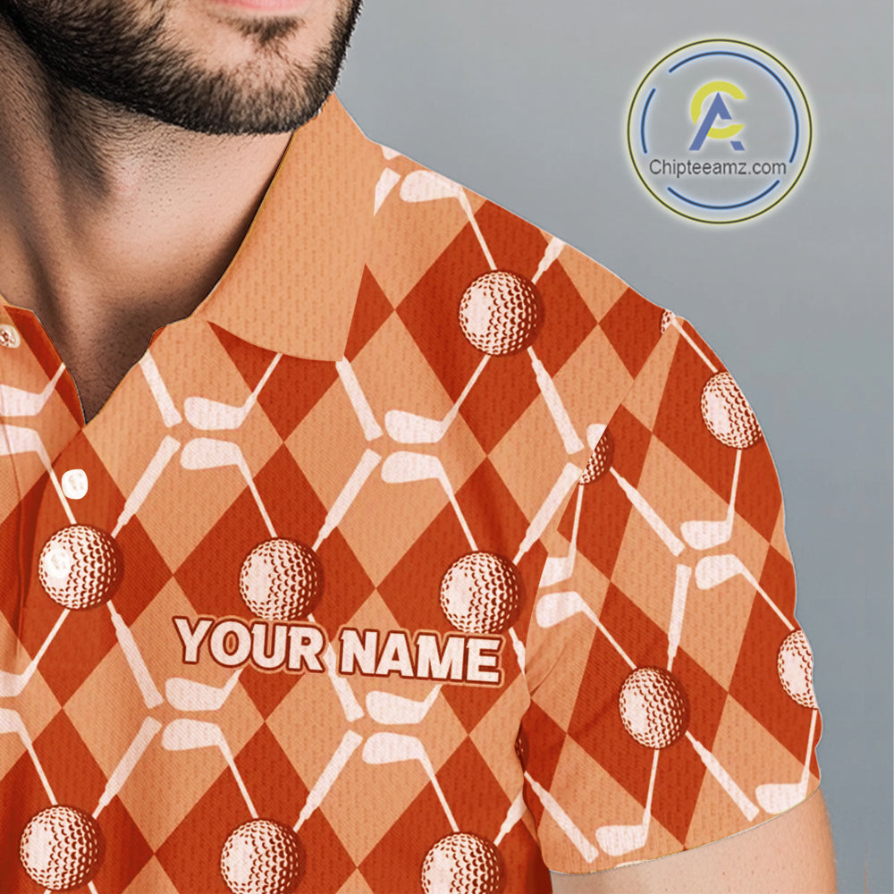 Mens golf polo shirts custom orange argyle plaid pattern golf attire for men, golfer gifts NQS10436