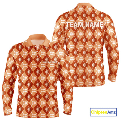 Mens golf polo shirts custom orange argyle plaid pattern golf attire for men, golfer gifts NQS10436
