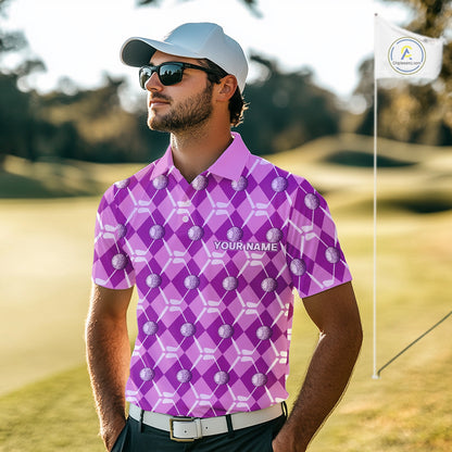 Mens golf polo shirts custom light purple argyle plaid pattern golf attire for men, golfer gifts NQS10437