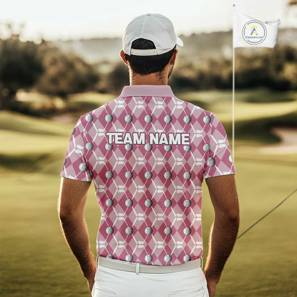 Mens golf polo shirts custom pink argyle plaid pattern golf attire for men, golfer gifts NQS10443