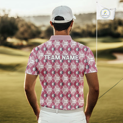 Mens golf polo shirts custom pink argyle plaid pattern golf attire for men, golfer gifts NQS10443