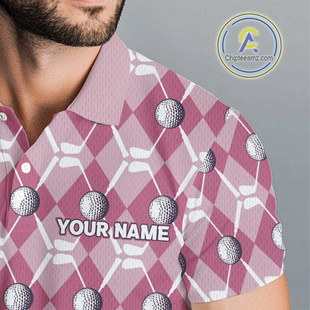 Mens golf polo shirts custom pink argyle plaid pattern golf attire for men, golfer gifts NQS10443