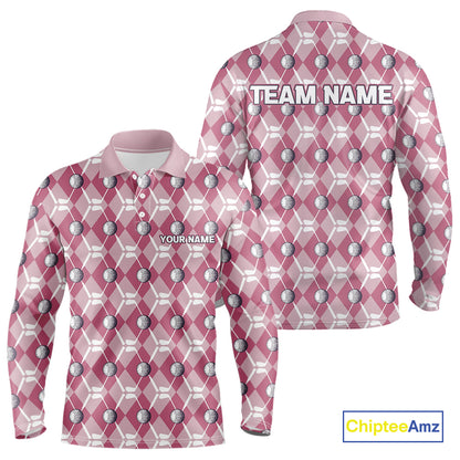 Mens golf polo shirts custom pink argyle plaid pattern golf attire for men, golfer gifts NQS10443