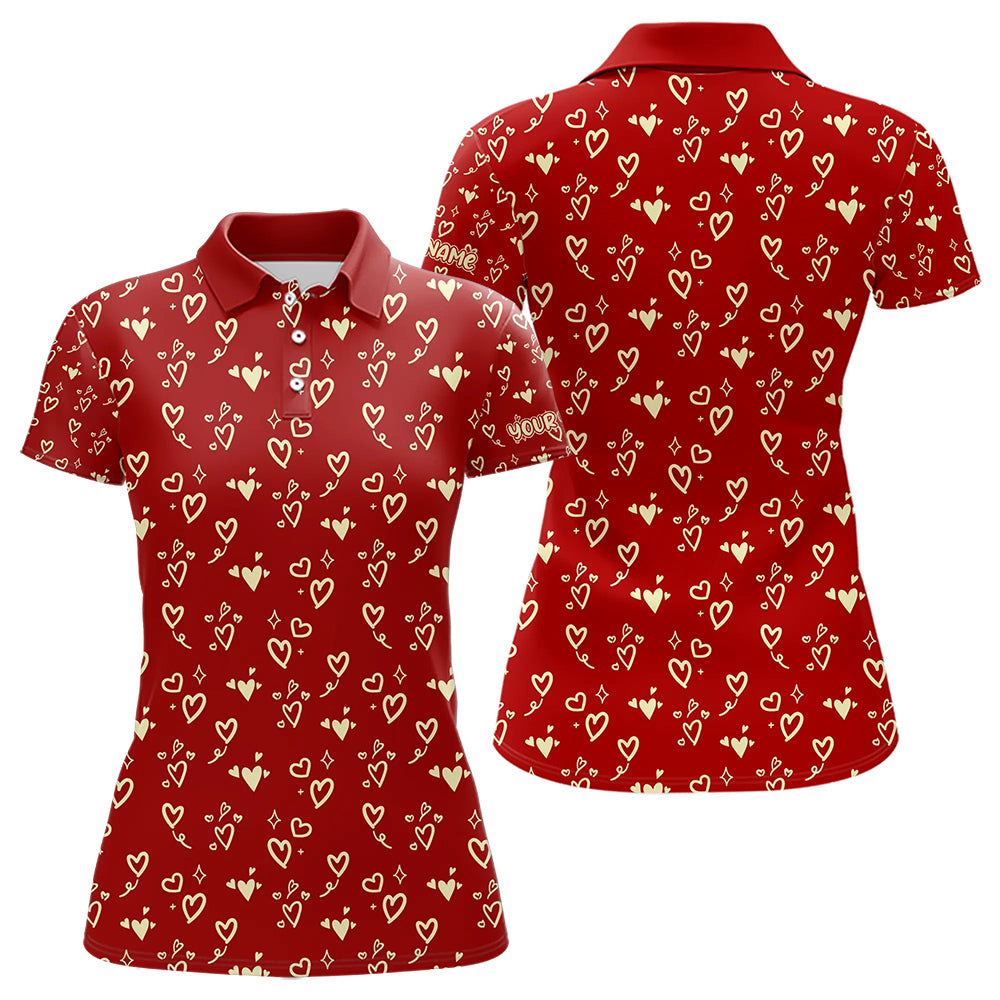Gold Heart Red pattern Women golf polo shirt custom Valentines golf gift for her NQS9368