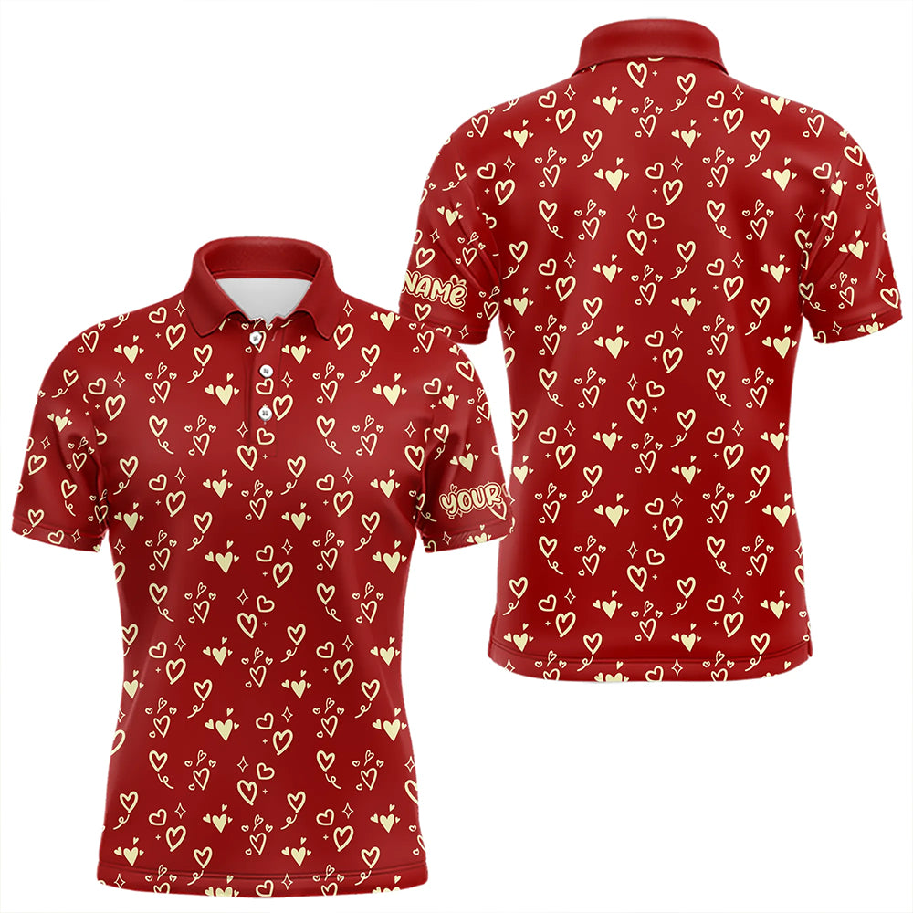 Gold Heart Red pattern Mens golf polo shirts custom Valentines golf gift for him  NQS9368