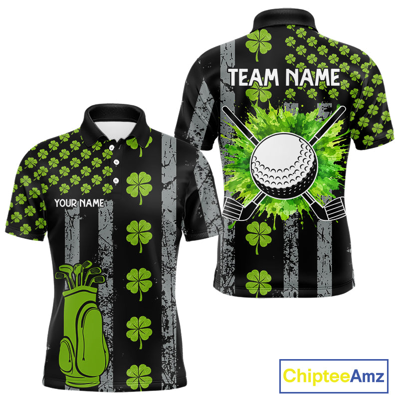 Custom Black Grunge US Flag Green Shamrock St Patrick Golf Polo shirts for Men Patriotic Golf shirts NQS11449