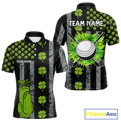 Custom Black Grunge US Flag Green Shamrock St Patrick Golf Polo shirts for Men Patriotic Golf shirts NQS11449