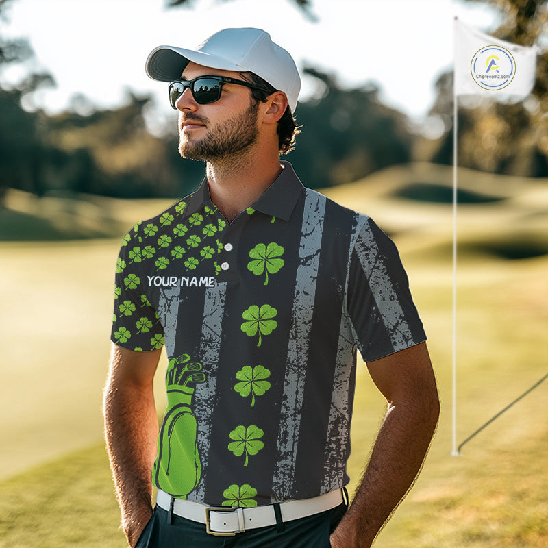 Custom Black Grunge US Flag Green Shamrock St Patrick Golf Polo shirts for Men Patriotic Golf shirts NQS11449