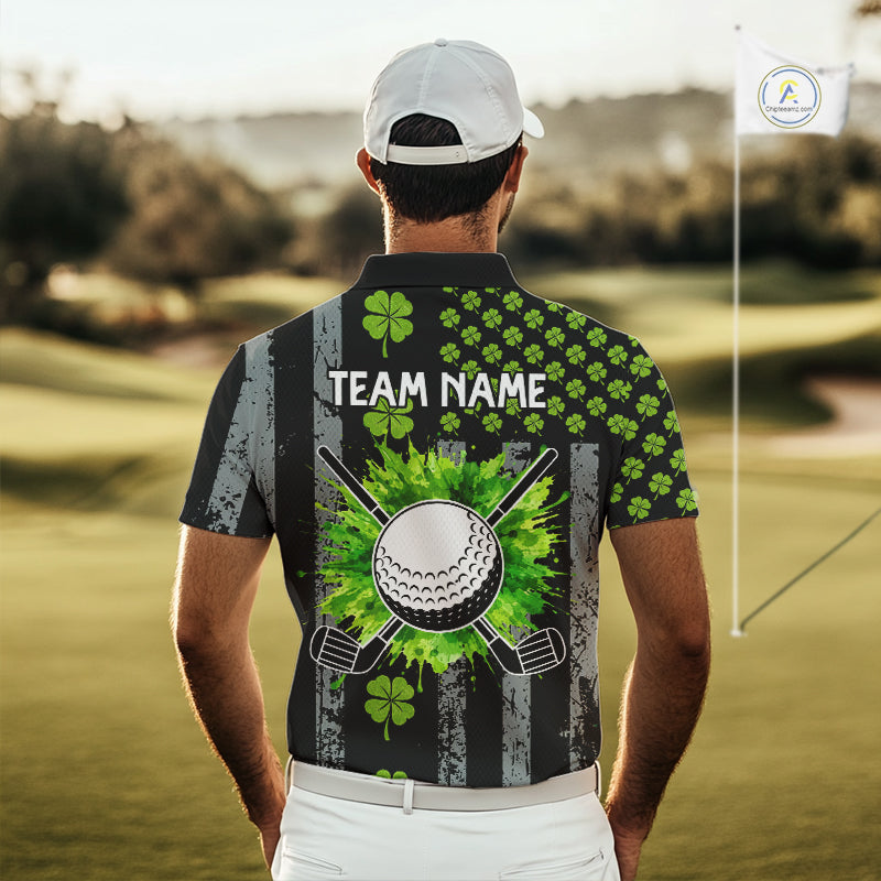 Custom Black Grunge US Flag Green Shamrock St Patrick Golf Polo shirts for Men Patriotic Golf shirts NQS11449