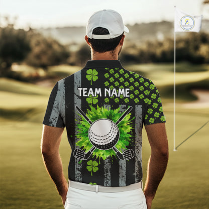 Custom Black Grunge US Flag Green Shamrock St Patrick Golf Polo shirts for Men Patriotic Golf shirts NQS11449