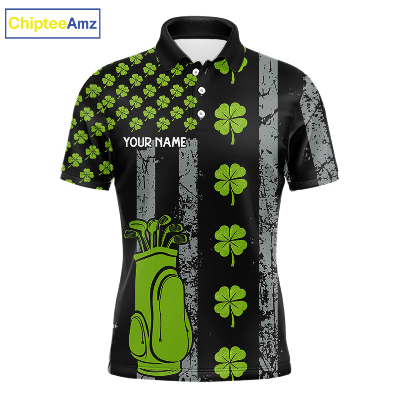 Custom Black Grunge US Flag Green Shamrock St Patrick Golf Polo shirts for Men Patriotic Golf shirts NQS11449
