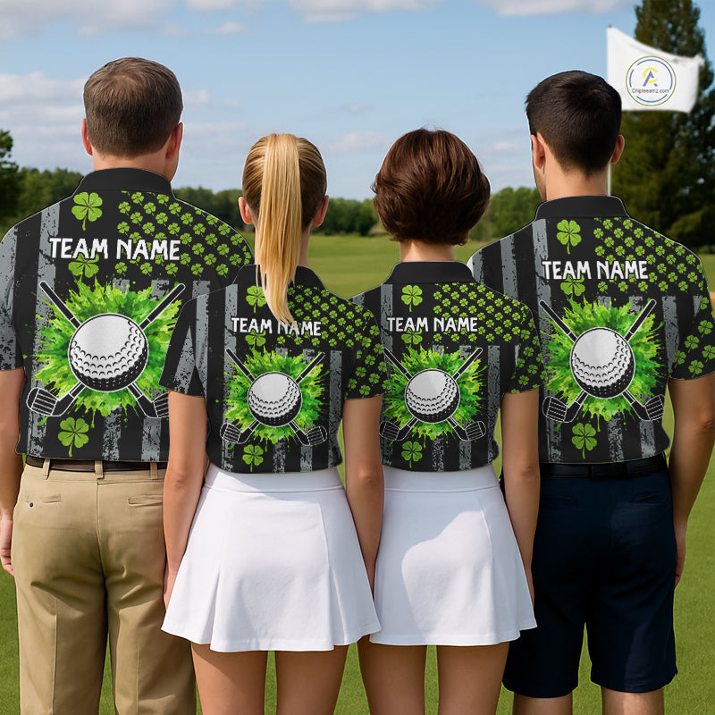 Custom Black Grunge US Flag Green Shamrock St Patrick Golf Polo shirts for Men Patriotic Golf shirts NQS11449