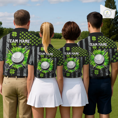 Custom Black Grunge US Flag Green Shamrock St Patrick Golf Polo shirts for Men Patriotic Golf shirts NQS11449