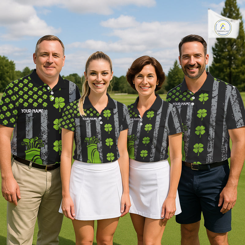 Custom Black Grunge US Flag Green Shamrock St Patrick Golf Polo shirts for Men Patriotic Golf shirts NQS11449