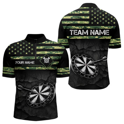 Green camo American Flag Dart jerseys Polo, 1/4 Zip Shirt for Men Custom Patriotic Darts Team shirts NQS9519