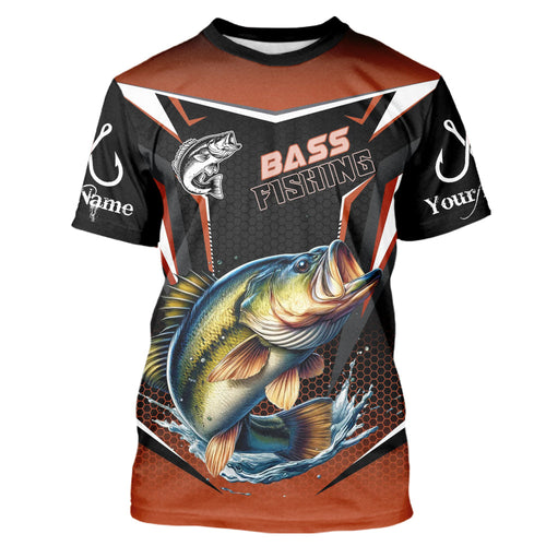 Black and Orange Largemouth Bass Long Sleeve Fishing Shirt, Personalized Bass Fishing Tounament Jersey NQS9681