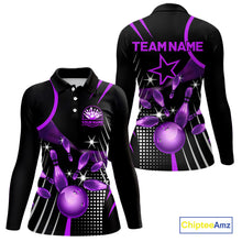 Load image into Gallery viewer, Black and Purple Women Bowling Polo, Quarter Zip Shirts Custom Bowling outfit ladies Team Jerseys NQS9958