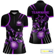 Load image into Gallery viewer, Black and Purple Women Bowling Polo, Quarter Zip Shirts Custom Bowling outfit ladies Team Jerseys NQS9958