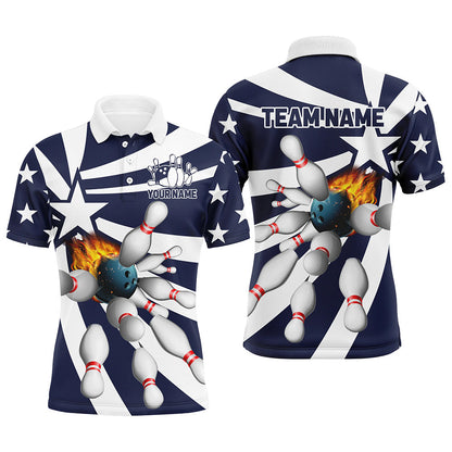 Blue and white Mens polo, quarter zip bowling shirt Custom flame bowling star team league jerseys NQS7820