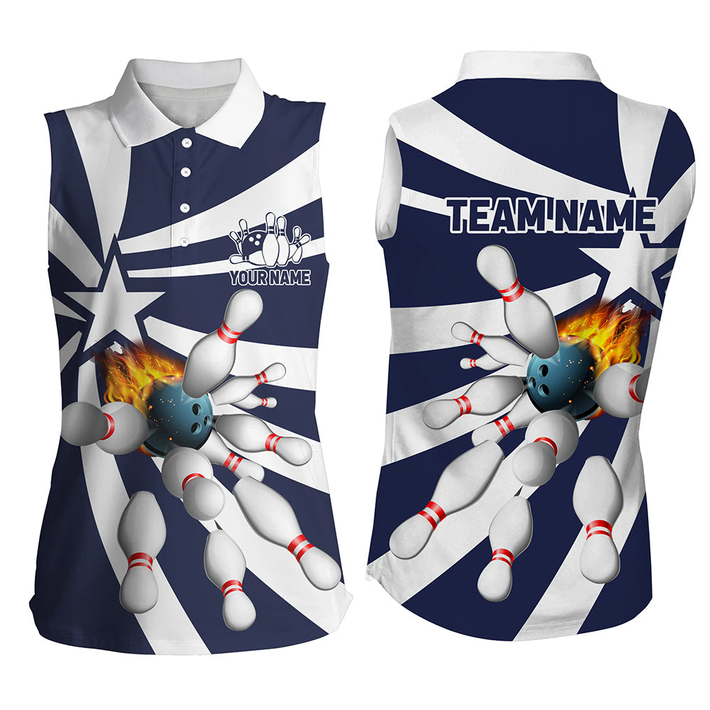 Blue and white Womens sleeveless polo bowling shirt Custom flame bowling star team league jerseys NQS7820
