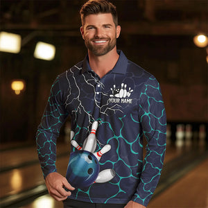 Blue Shark Camo Lightning Thunder Bowling Shirts For Men Custom Bowling Team Shirts, Gift For Bowler NQS9372