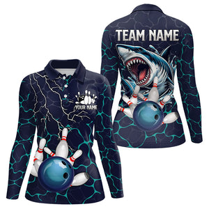 Blue Shark Camo Lightning Thunder Bowling Shirts For Women Custom Bowling Team Shirts, Gift For Bowler NQS9372