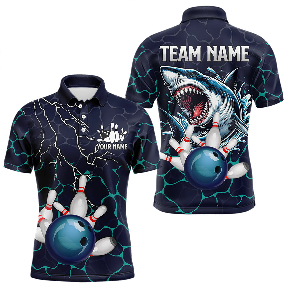 Blue Shark Camo Lightning Thunder Bowling Shirts For Men Custom Bowling Team Shirts, Gift For Bowler NQS9372