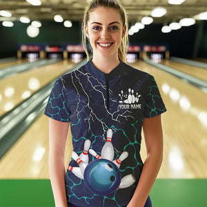 Blue Shark Camo Lightning Thunder Bowling Shirts For Women Custom Bowling Team Shirts, Gift For Bowler NQS9372